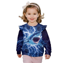 Toddler Blue Lightning Shark Ruffle Shoulder Sweatshirt, Long Sleeve Pullover for Girls Size 5-6