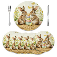 Happy Easter Round Placemats Set of 6,Spring Easter Funny Rabbit Eggs Table Decoration 14 inch
