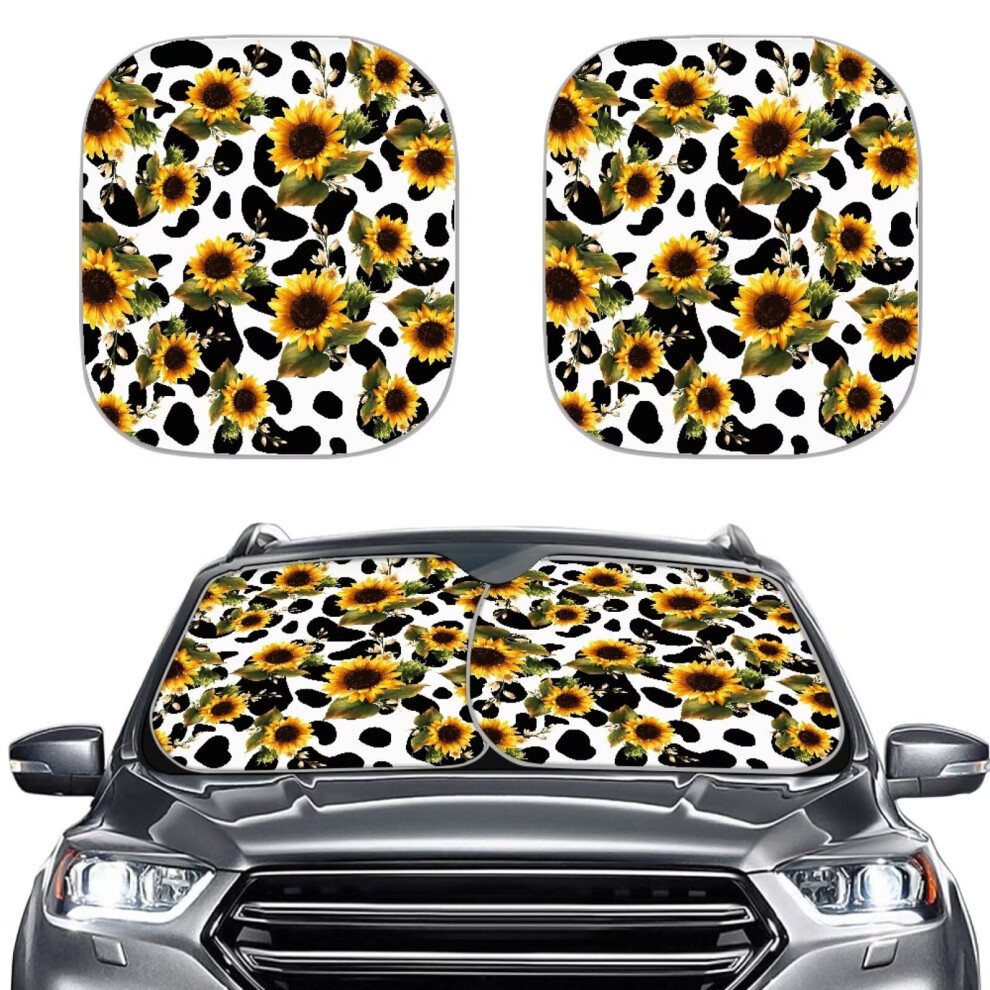 Cow Print Sunflower Car Sun Shade (2 Pcs), Heat-Resistant Front Window Cover For Van, Sedan, Suv, Truck Â Compatible With All Cars 9085618467286