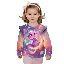 Pink Dragon Planet Ruffled Shoulder Sweatshirt for Girls, Long Sleeve Pullover Sweater – Compatible with Kids Sizes