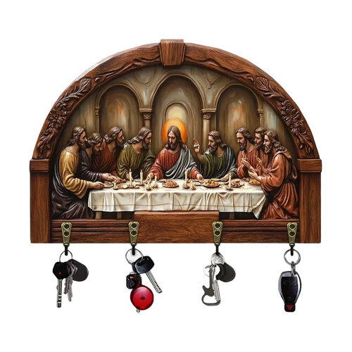 Ξύλινη Θήκη για Κλειδιά Jesus με 4 Γάντζους, Ρουστίκ Διακόσμηση Τοίχου