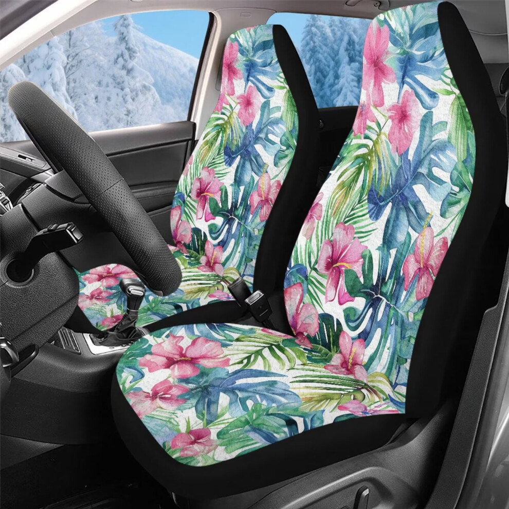 2 Pcs Premium Fur Car Seat Covers (Front Only) With Hawaiian Hibiscus Â Compatible With Cars, Sedans, Trucks, Suvs Coral 9399596722337