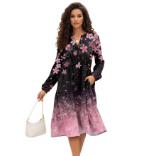 Női Cherry Blossom midi ruha, hosszú ujjú, V-nyakú