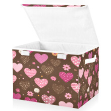 Foldable Storage Bin with Handles Pink Brown Hearts Pattern