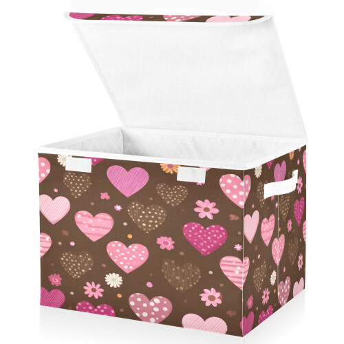 Foldable Storage Bin with Handles Pink Brown Hearts Pattern