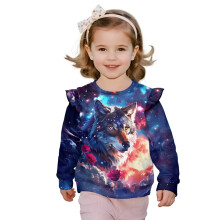 Girls Crewneck Ruffle Sleeve Sweatshirt Fall Fashion Soft Cool Wolf Galaxy Pullover Sweaters Casual T-Shirts Kids Hoodie Sweater Tops Age 1-8
