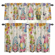Easter Gnome Kitchen Curtains & Valance Set – Sunflower, Blue Hydrangea, Butterflies, Linen Texture, Rod Pocket, 27.5x36in, 18" Valance
