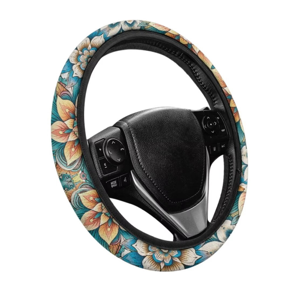 Boho Mandala Fuzzy Steering Wheel Cover, 15", Elastic & Breathable, Compatible With Most Vehicles, Winter Car Accessory Gift 9399596723440