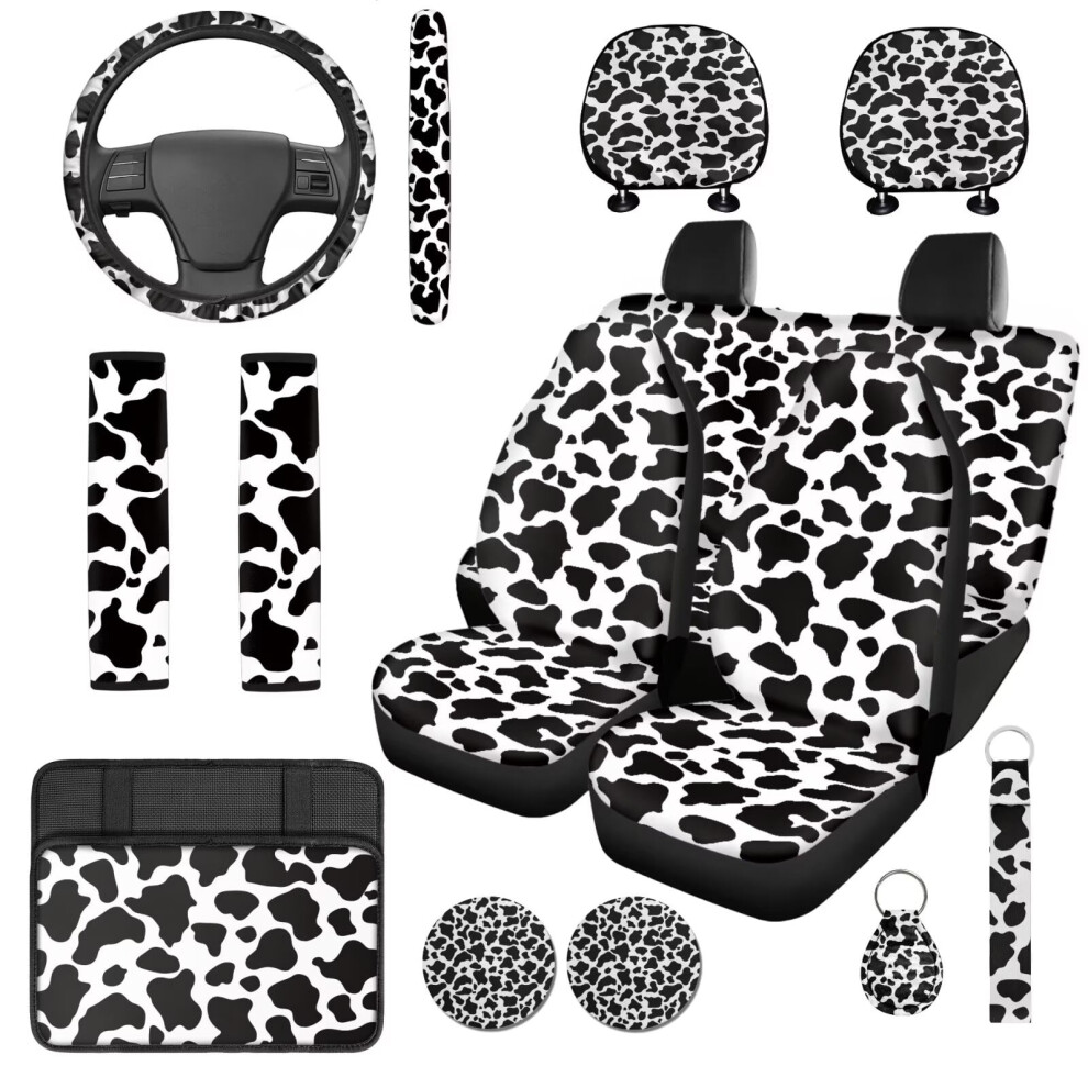 Cow Print Car Seat Cover Set (14 Pcs) W/ Headrest, Steering Wheel, Armrest & Seat Belt Covers Â Compatible With Cars & Suvs Black 9085618470217