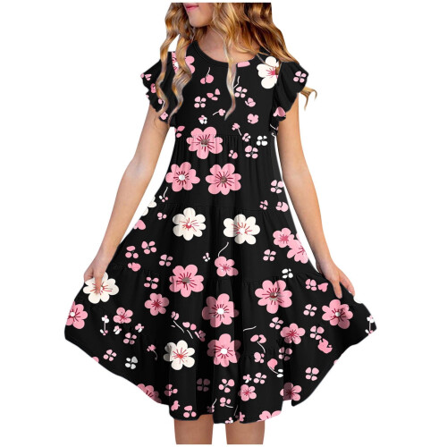 Mädchenkleid mit Blumenmuster, Volantärmeln und Taille
