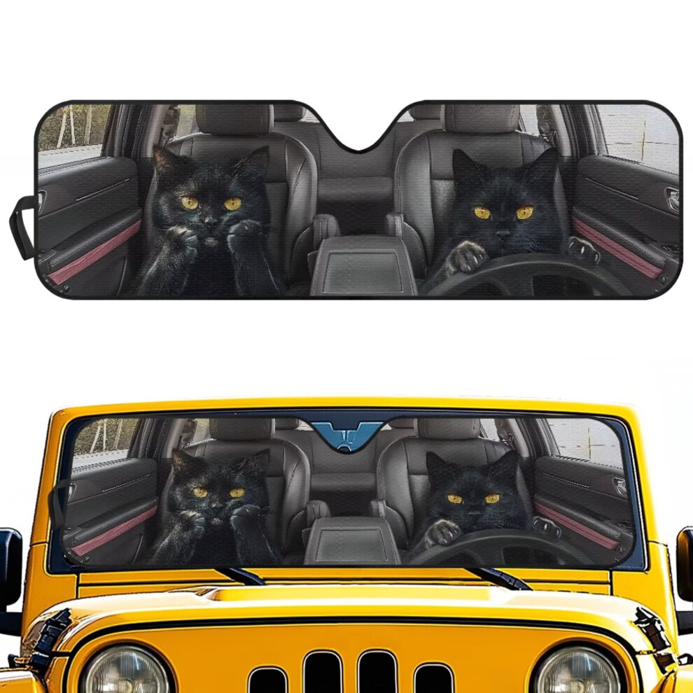 Cat Print Windshield Sunshade, Uv & Heat Protection, Compatible With Wrangler, Compass, Gladiator & Renegade | 52.95X16.14" Black 9399596723433