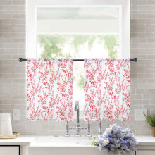 Sheer Curtains Floral Watercolor Red Bud & Leaves 52x54