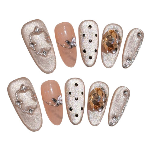 (2235) Rhinestone Cat Eye False Nails, Zero Pressure