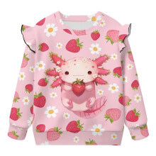 Soft Strawberry Salamander Pullover Sweater for Toddler Girls, Ruffled Shoulders, Long Sleeve, Crewneck, Fall Fashion, Size 5-6