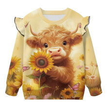 Girl Long Sleeve Ruffle Shoulder Sweatshirt, Sunflower/Highland Cow Design, Casual Oversized Pullover Top, 4-5T – Compatible with Kids' Wardrobe