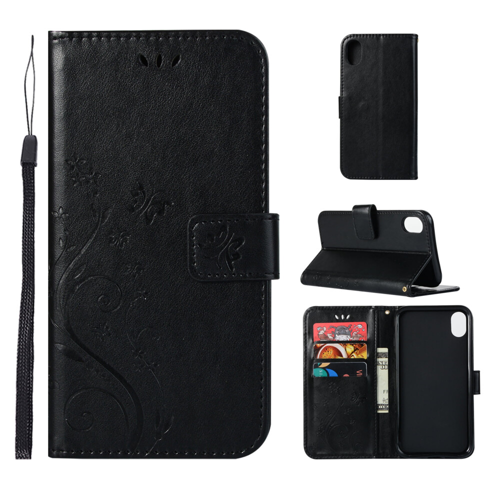 Compatible With Iphone Xs Max Wallet Case Â Embossed Flower/Butterfly Magnetic Pu Leather Folio With Card Slots, Money Pocket & Wrist Strap, Black 9399596230597