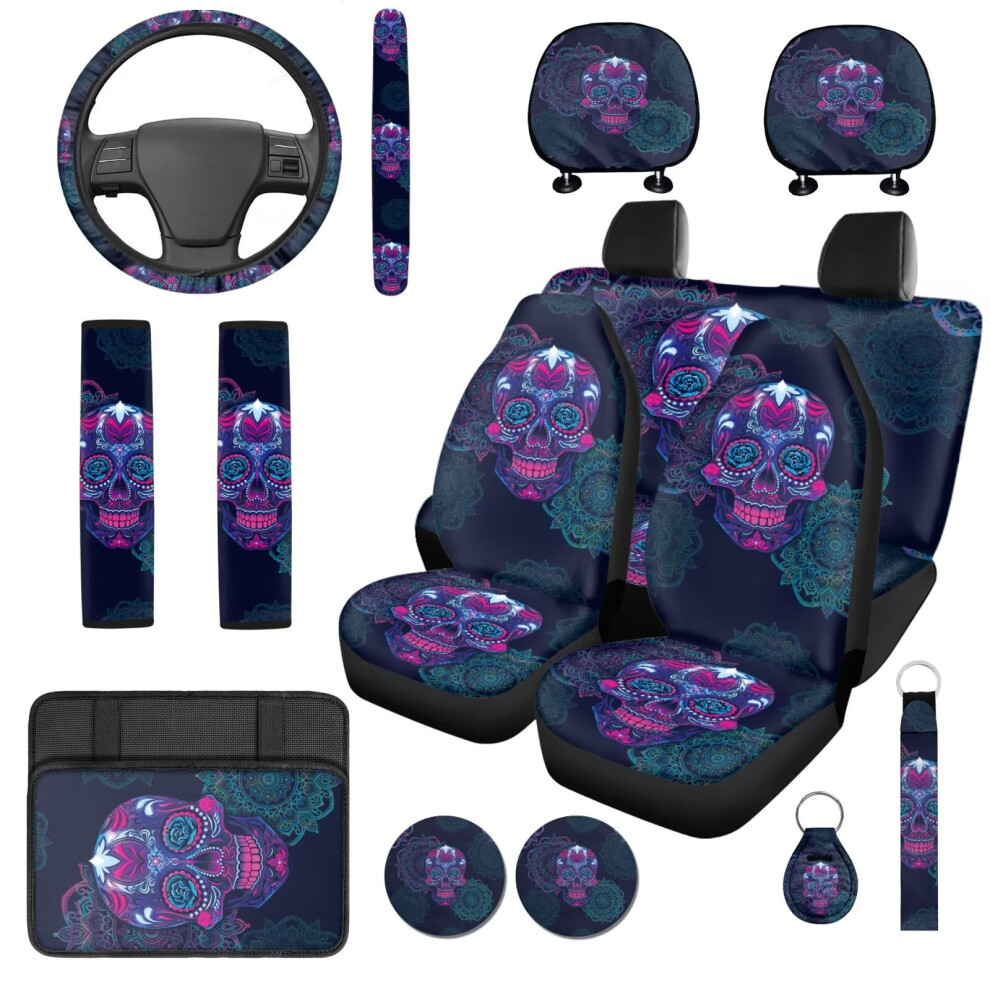 Sugar Skull Floral 14-Piece Car Accessories Set: Seat Covers, Steering Wheel Cover, Headrest & Console Covers, Seat Belt Pads, Keychain Â Compatible 9399596233154