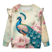 Kids Long Sleeve Sweatshirt Crew Neck Paisley Peacock Pullover Sweater Ruffled Shoulders Design, Soft Fabric for Toddlers & Little Girls Size 7-8