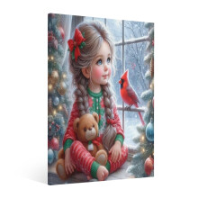 Vintage Christmas Wall Art: Cute Girl & Northern Cardinal – Festive Canvas Print for Living Room, Kitchen, Bedroom Decor