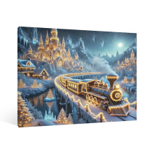 Vintage Luminous Train Wall Art – Snow Castle Canvas Print, Retro Christmas Decor for Living Room, Kitchen, Bedroom (Compatible with Xmas Themes)