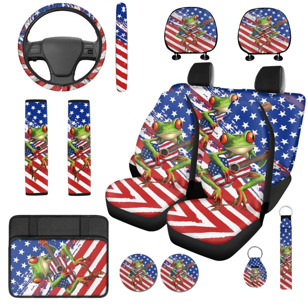 Us Flag Frog 14-Piece Car Seat Cover Set: Steering Wheel, Headrest, Console, Seat Belt & Cup Pad Covers Â Soft, Easy Install, Compatible With 9399596233772