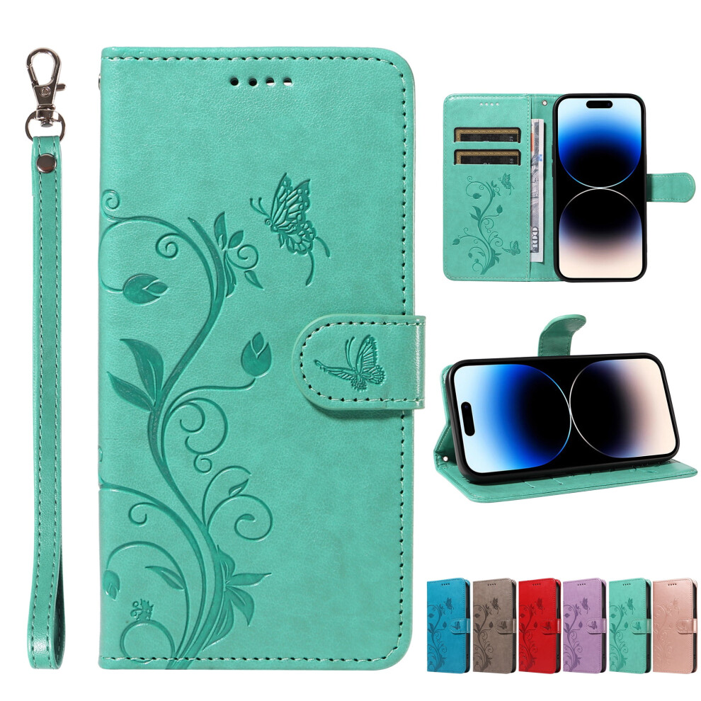 Butterfly Embossed Pu Leather Wallet Case With Kickstand & Wrist Strap For Iphone 11 Pro Max, Green 9399596234090