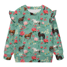 Girls' Floral Western Horse Sweatshirt, Ruffle Shoulders, Long Sleeve Crewneck Pullover – Fall/Winter