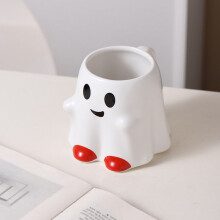 White Halloween Ceramic Mug: Ghost Cat & Bat Design – Dishwasher Safe, Non-Scary Fall Decor, Compatible with Daily Use