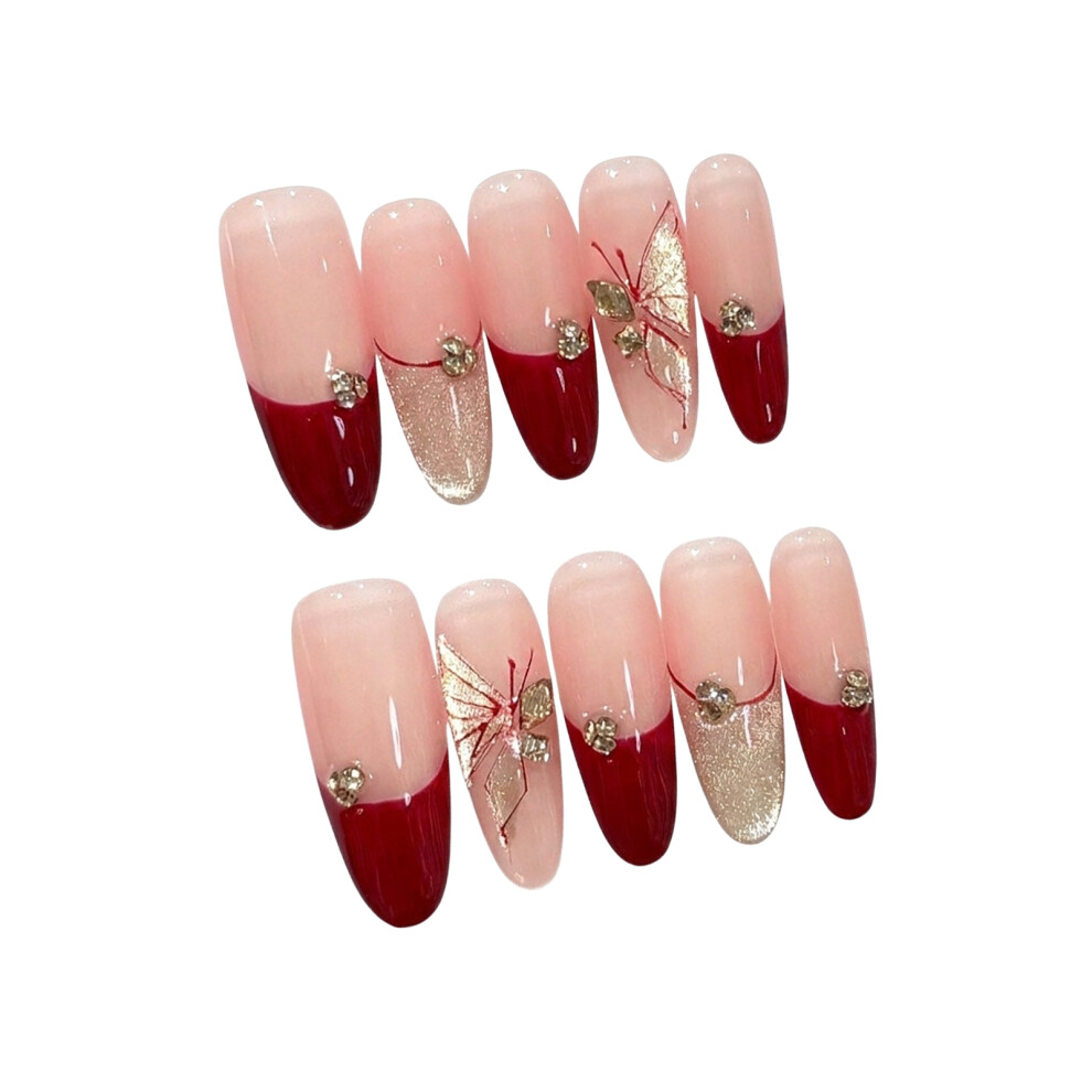 Dachuang Beauty Burgundy/Gold (S) Butterfly Press On Nails, 10Pcs