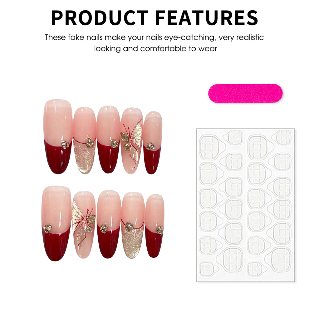 Dachuang Beauty Burgundy/Gold (Xs) Butterfly Press On Nails, 10Pcs