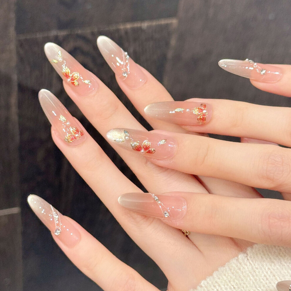 Dachuang Beauty (3293 Long Oval, L) Pink Gradient Press On Nails - 10Pcs Glossy Fake Nails