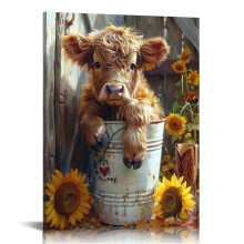 Quadro su tela con mucca delle Highlands e girasole, incorniciato, 24x36 pollici