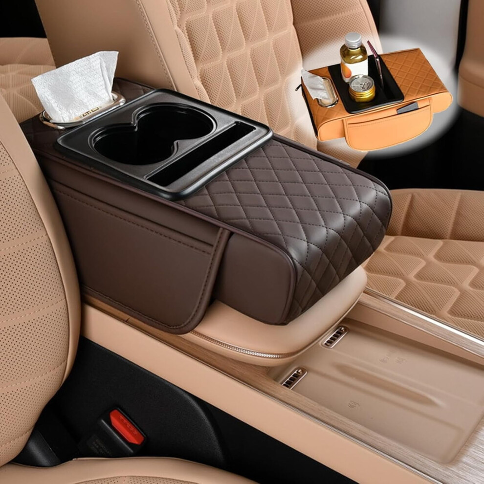 Multifunctional Pu Leather Car Armrest Box Mat | Car Cup & Tissue Holder With 2 Storage Bags, Phone Slot, Tissue Box Slot 9493189684948