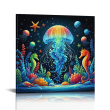Leinwanddrucke mit Unterwasser-Meeresbewohnern – Gerahmte Ozean-Wandkunst für Schlaf- und Wohnzimmer, Küsten-Dekor – Seepferdchen, Oktopus,