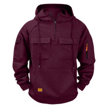 Herensweatshirt met lange mouwen, capuchon en kwartrits, effen kleur, meerdere zakken, casual, functioneel en streetwear design, eenvoudig en