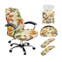 Stretch Computer Chair Protectors Set of 5 w/ Armrest Covers, Remote Holder & Tissue Box Cover, Maple Leaf Print, L – compatible with standard