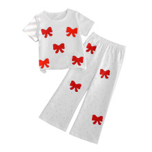 Girls White Sparkle Bow 2-Piece Set, Red Sequin Top & Wide Leg Pants, Party Outfit Sizes 4-9,Size 4 T