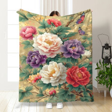 Bohemian Peony & Butterfly Flannel Throw Blanket – Soft, Warm, Hypoallergenic, Machine Washable, 280gsm, Beige