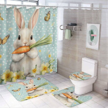 Cute Bunny & Daffodil Shower Curtain Set (4 pcs) with Non-Slip Rug, Toilet Lid Cover & Bath Mat – Waterproof Bathroom Decor