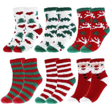 Weihnachtssocken für Damen, flauschige Socken, warme, kuschelige Wintersocken mit Streifenmuster, Socken für Erwachsene, Haussocken, 6 Paar