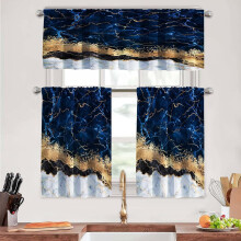 Dark Blue Marble Kitchen Curtains Set (3-Pc): Tiers & Valances, Compatible with 36" Windows