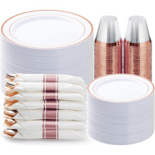 350PCS Rose Gold Disposable Dinnerware Set for 50 Guests – Plates, Napkins, Cups, Silverware – Compatible with Christmas & Halloween