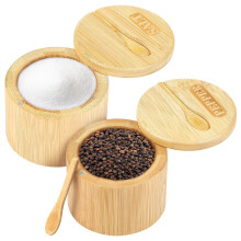 Bamboo Spice Cellar 5 oz Seasoning Salt & Pepper Bowl with Magnetic Swivel Lid & Spoon – Compatible with Table Salt, White/Black Pepper