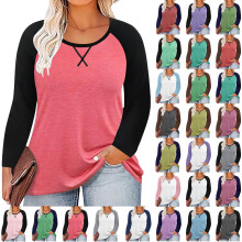 Women Long Sleeve Tops Casual Chest Print Solid Color Round Neck Pullover Loose Long Sleeved Raglan Top Plus Size