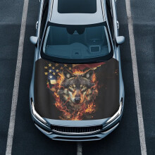 American Flag Flaming Wolf Hood Cover – Stretchable, Waterproof Car Hood Protector Compatible with Most Sedans
