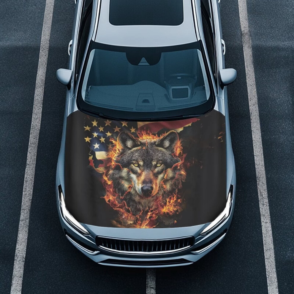 American Flag Flaming Wolf Hood Cover Â Stretchable, Waterproof Car Hood Protector Compatible With Most Sedans 9180435385987