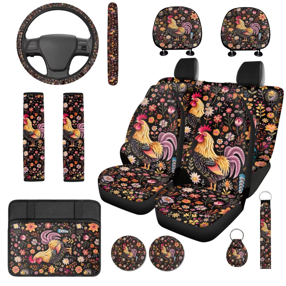 14-Pc Chicken Floral Car Accessories Set: Seat Covers, Steering Wheel Cover, Seat Belt Pads, Headrest & Armrest Covers Â Compatible With Cars & Suvs 9180435384744