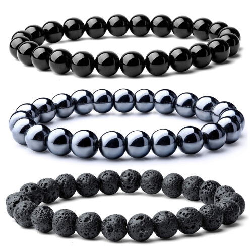 Stretcharmband aus 8 mm Lava-Vulkanstein und Hämatitperlen 1