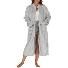Nrmvnmi Long Zip-Up Plush Robe for Women, Solid Color Warm Thick Winter Bathrobe with Pockets, Loungewear – Compatible with All Standard Sizes