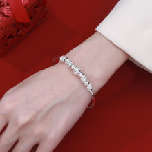 Lady Adjustable Bangle Metal Beaded Heart Cut-out Silver Plated Copper Smooth Surface Daily Wear Jewelry Accessory